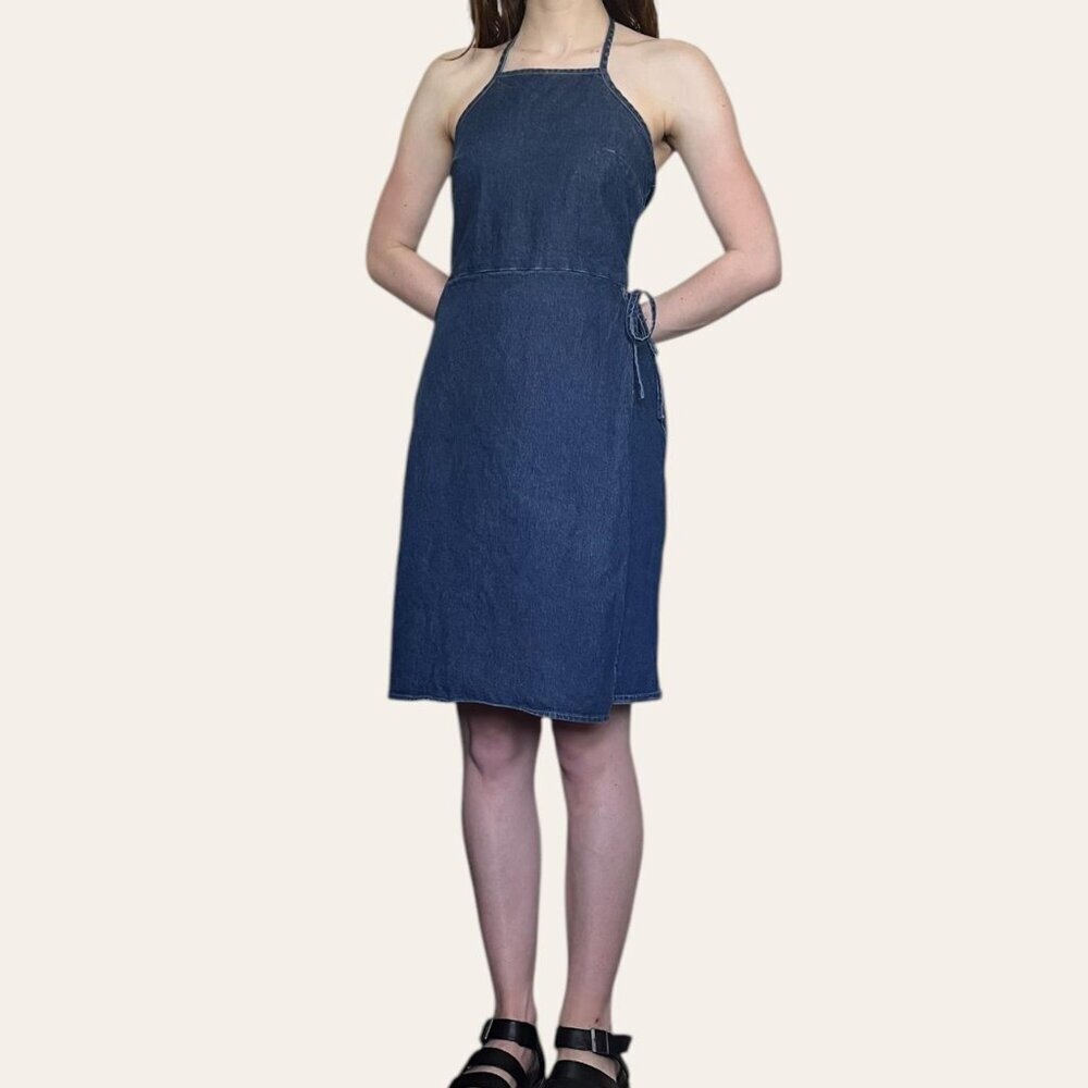 American Eagle high neck wrap front denim mini dress - Picture 3 of 7